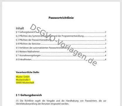 Inhaltsverzeichnis Passwortrichtlinie nach DSGVO.