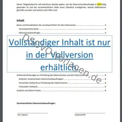 Inhaltsverzeichnis Tätigkeitsbericht nach DSGVO.