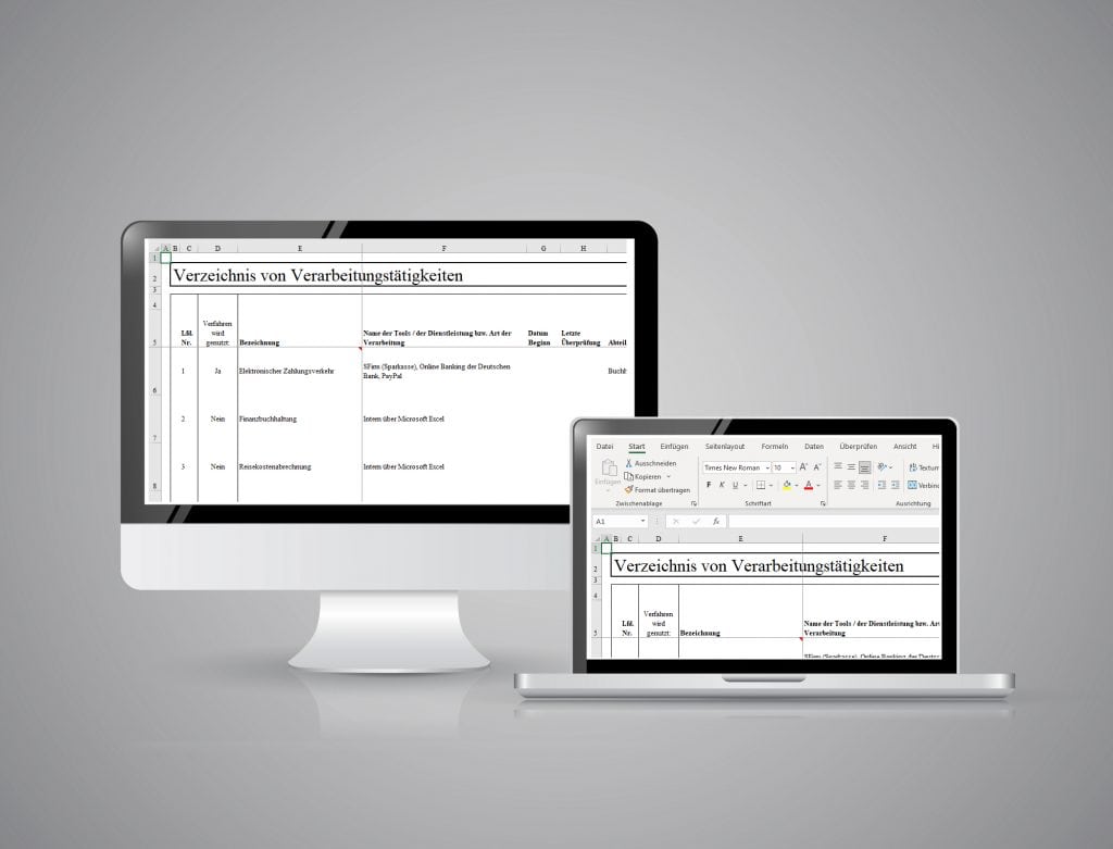 Excel Verzeichnis von Verarbeitungstätigkeiten im Einsatz auf dem Monitor.