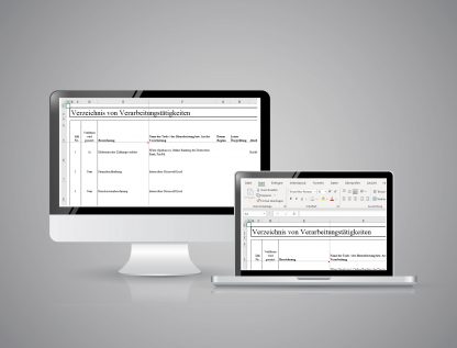 Excel Verzeichnis von Verarbeitungstätigkeiten im Einsatz auf dem Monitor.