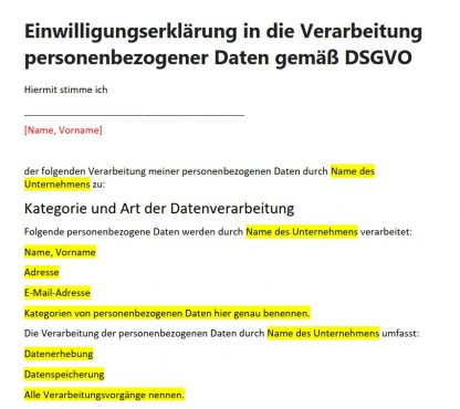Vorlage für eine Einwilligung nach DSGVO kostenlos docx