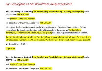 Kostenloses Muster zur Auskunft gegenüber Betroffenen nach DSGVO